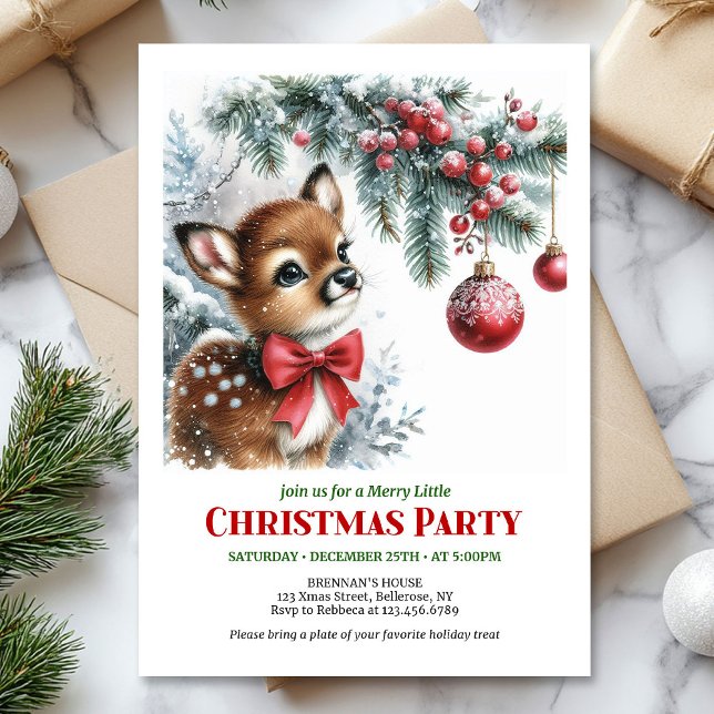 Tarjeta de invitación de Navidad para niños con ci (Cute baby deer Christmas kids invitation printable card)