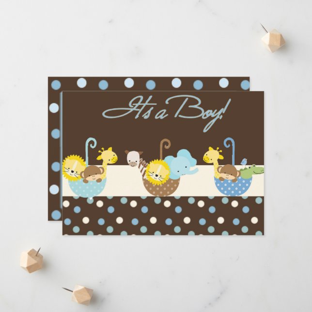 Tarjeta de Invitación de niño bebé azul marrón (Anverso/Reverso In Situ)