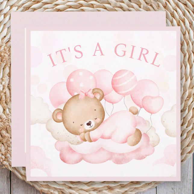 Tarjeta de Invitación de oso rosa para niña bebé (Baby Girl Pink Bear Announcement Card)