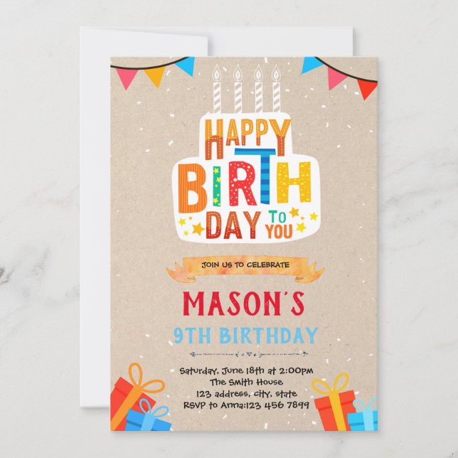 Tarjeta de invitación de pastel de cumpleaños feli (Anverso)