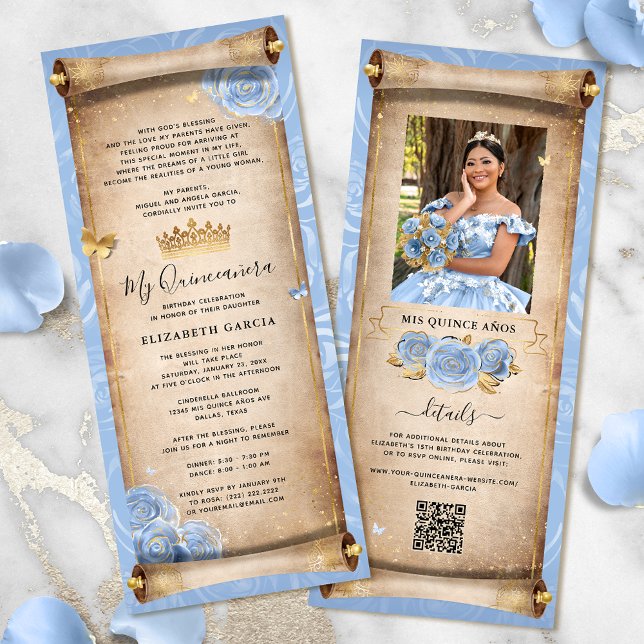 Tarjeta de invitación de pergamino de color azul d (Elegant light baby blue and gold quinceanera scroll invitation cards for a fairytale birthday party.)