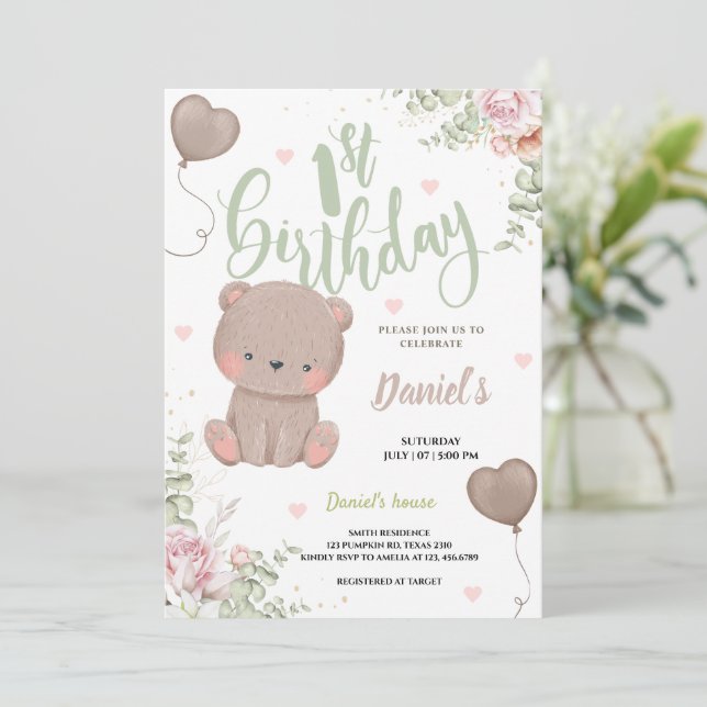 Tarjeta de invitación de primer cumpleaños de Gree (Anverso de pie)