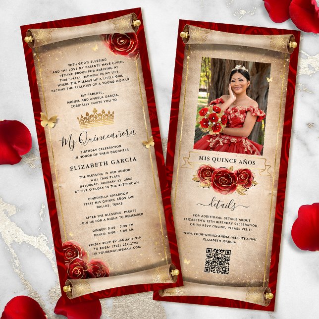 Tarjeta de invitación de Quinceanera Rojo y Oro (Elegant red and gold quinceanera scroll invitation cards for your fairytale birthday party.)