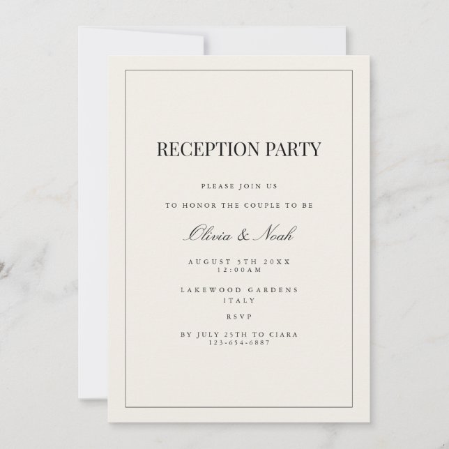 Tarjeta de invitación de recepción beige moderna y (Anverso)