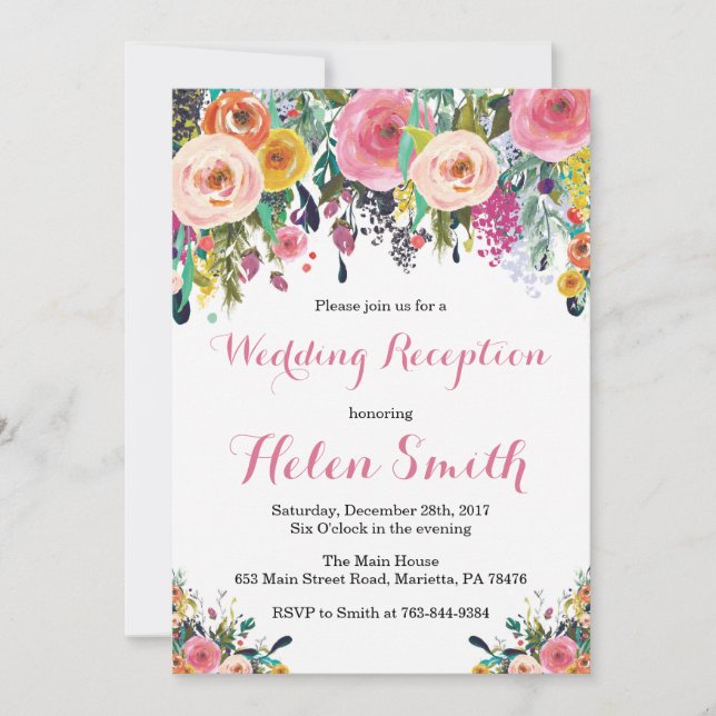 Tarjeta de Invitación de Recepción de Boda Floral (Anverso)