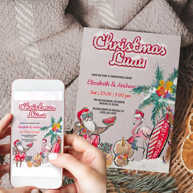 Tarjeta de invitación de Santa Tropical de Luau na (Christmas Luau Tropical Santa Invitation Card)