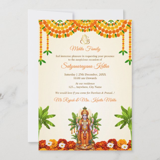 Tarjeta de invitación de Sri Satyanarayan Bhagwan  (Anverso)