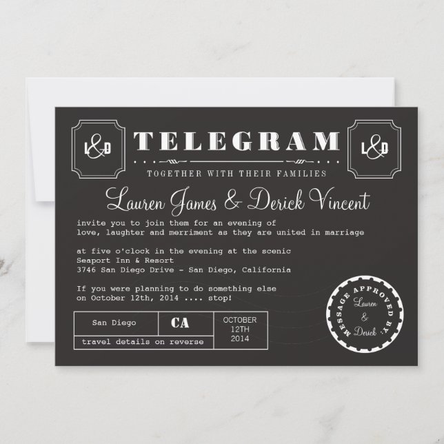 Tarjeta de invitación de Telegram de época en negr (Anverso)