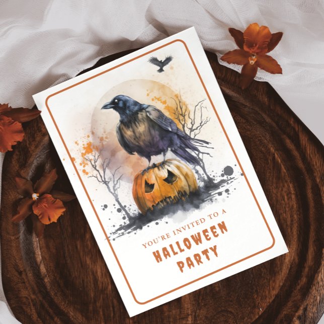 Tarjeta de invitación de Watercolor Crow Halloween (Subido por el creador)