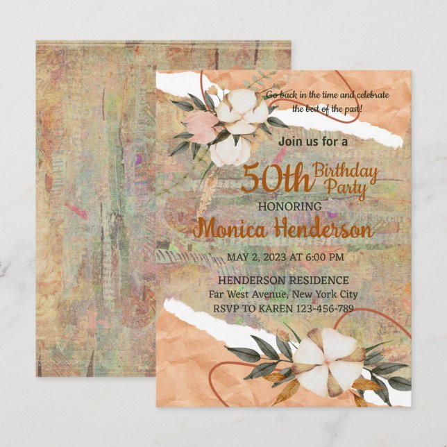 TARJETA DE INVITACIÓN DEL CUMPLEAÑOS DE VINTAGE PE (Anverso / Reverso)