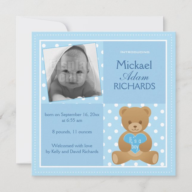 Tarjeta de invitación del oso de peluche "It's a b (Anverso)