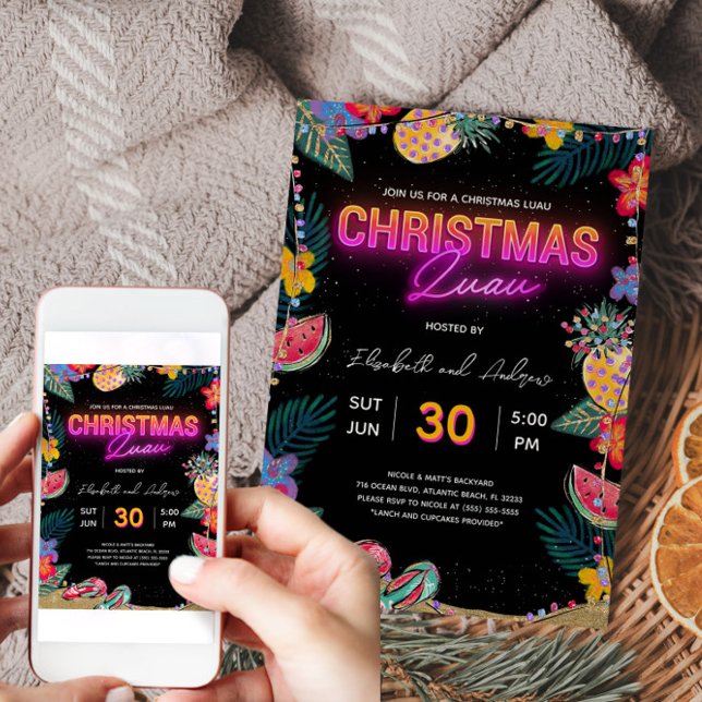 Tarjeta de invitación del partido Luau para Navida (Neon Christmas Luau Party Invitation Card)