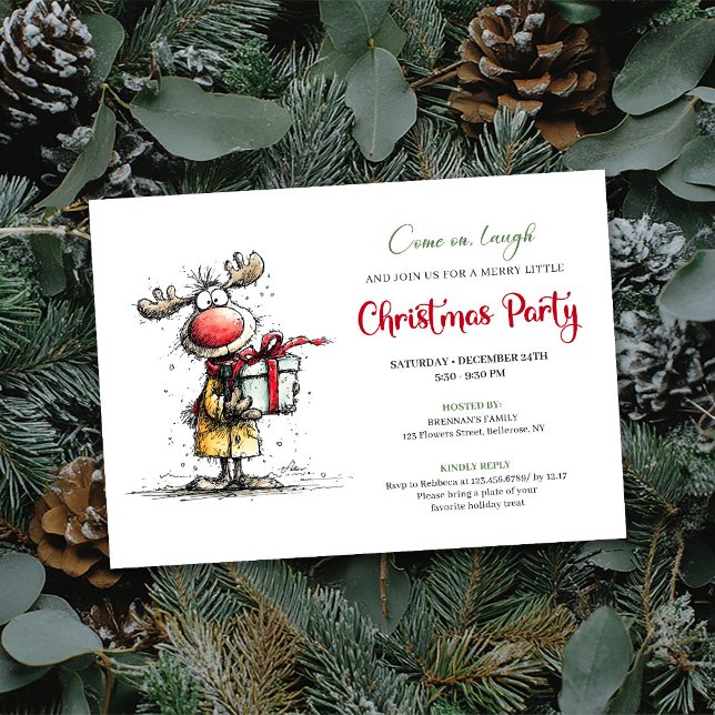 Tarjeta de invitación digital caprichosa de Reno p (Whimsical Reindeer Digital Christmas Party Card)