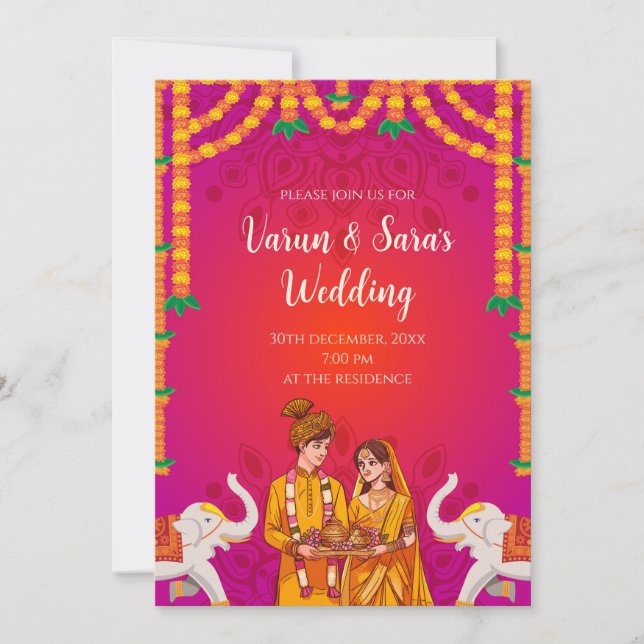 Tarjeta de invitación digital hindú para boda indi (Anverso)
