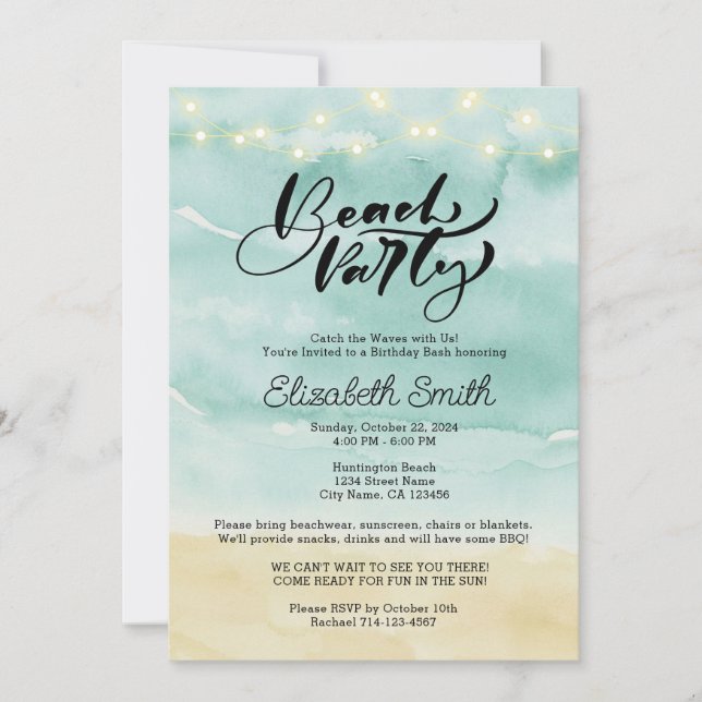 Tarjeta de invitación digital para fiesta de playa (Anverso)