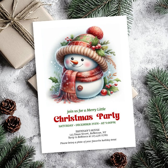 Tarjeta de invitación divertida de muñeco de nieve (Warm funny snowman invitation printable red green artwork

)
