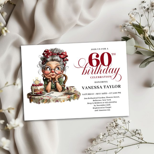 Tarjeta de Invitación Divertida para Cumpleaños 60 (Funny 60th Birthday Invitation Old Lady Theme Card)