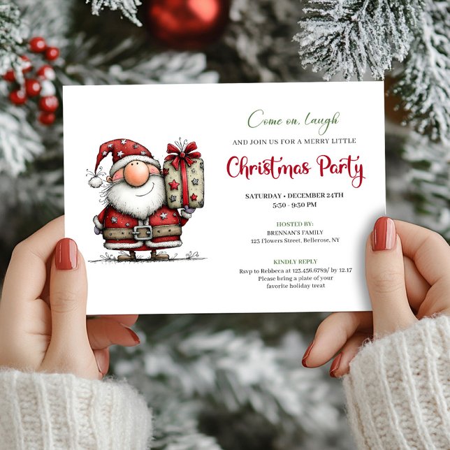 Tarjeta de invitación divertida para fiesta de Nav (Whimsical Red Green Funny Santa Party Invitation)