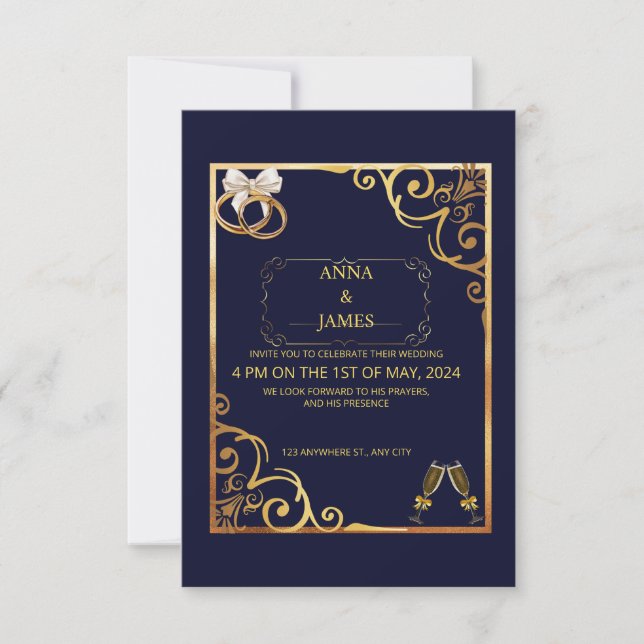 Tarjeta de invitación dorada con flores de oro ele (Anverso)