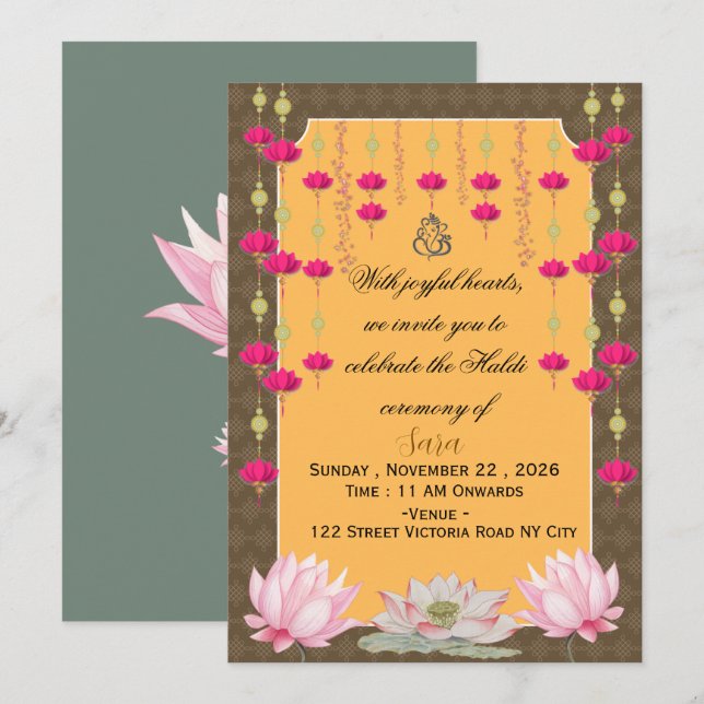 Tarjeta de Invitación Editable para Haldi de Boda  (Anverso / Reverso)