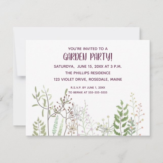 Tarjeta de invitación editable Watercolor Garden P (Anverso)