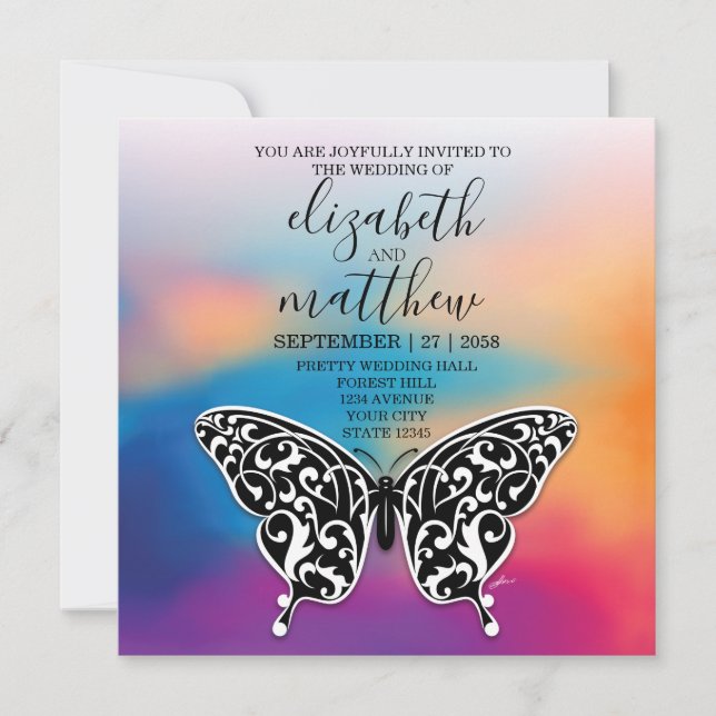 Tarjeta de Invitación Elegante Mariposa y Colorido (Anverso)