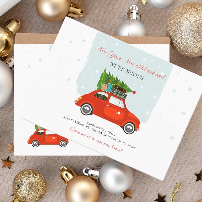 Tarjeta de Invitación en movimiento de aventura de (Modern Moving Announcement Red Card with Tree New Year Moving Announcement)