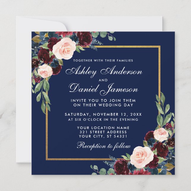 Tarjeta de invitación Floral Blue Burgundy Gold We (Anverso)