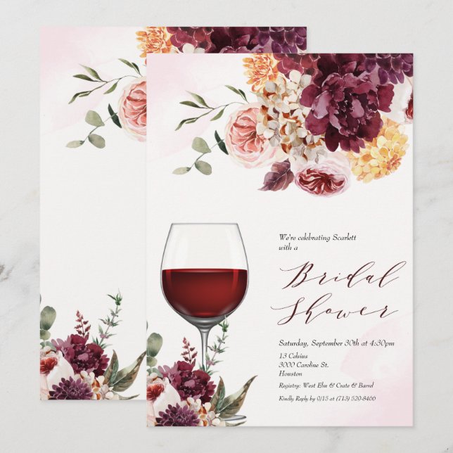 TARJETA DE INVITACIÓN FLORAL DE COPA DE VINO PARA  (Anverso / Reverso)