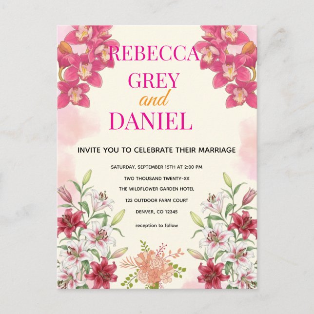 Tarjeta de Invitación Floral de Orquídea Rosa y Li (Anverso)