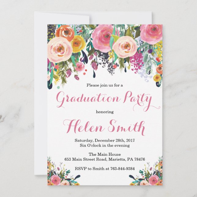 Tarjeta de invitación Floral Graduation Party Wate (Anverso)