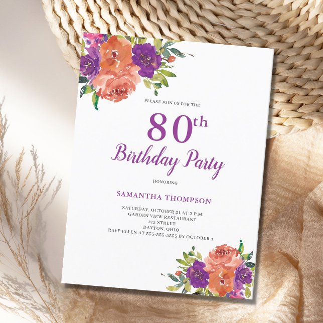 Tarjeta de invitación floral púrpura para el 80 cu (Subido por el creador)