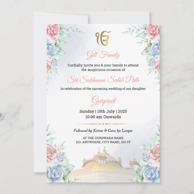 Tarjeta de invitación floral Sukhmani Sahib Path (Anverso)
