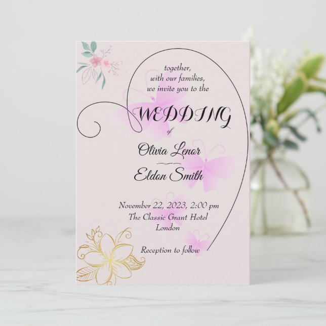 tarjeta de invitación floral y mariposa linda (Anverso de pie)