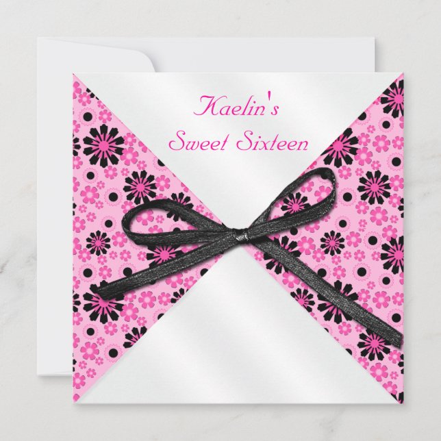 Tarjeta de invitación formal rosa y negra de 5"x5" (Anverso)