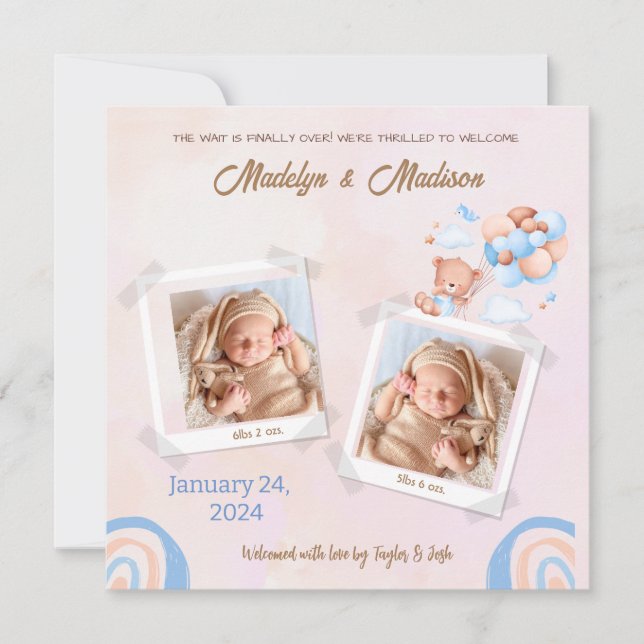 TARJETA DE INVITACIÓN FOTOGRÁFICA DE BABY (TWINS) (Anverso)