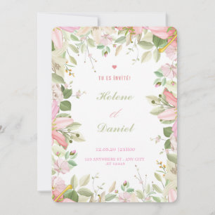 Tarjeta de Invitación Francesa Floral de Rosa y Bl