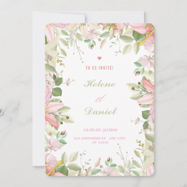 Tarjeta de Invitación Francesa Floral de Rosa y Bl (Anverso)