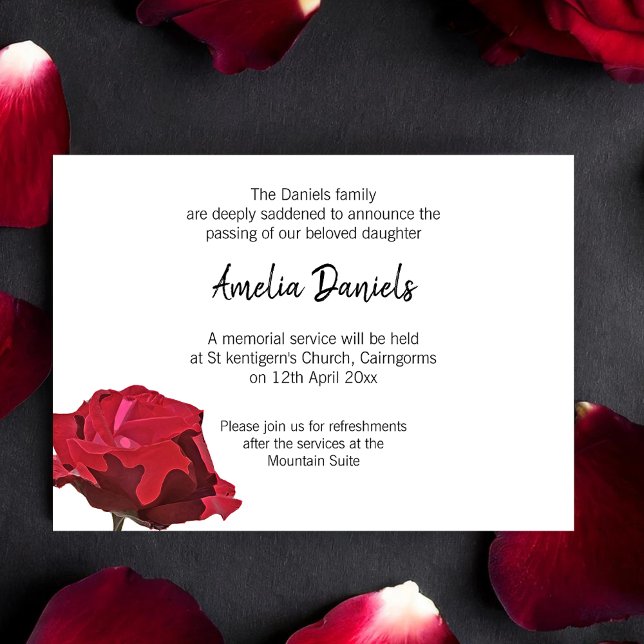 Tarjeta de Invitación Funeral Red Rose (Elegant funeral announcement cards with a single red rose.)