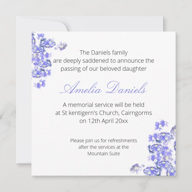 Tarjeta de Invitación funeraria Blue Forget-me-not (Anverso)
