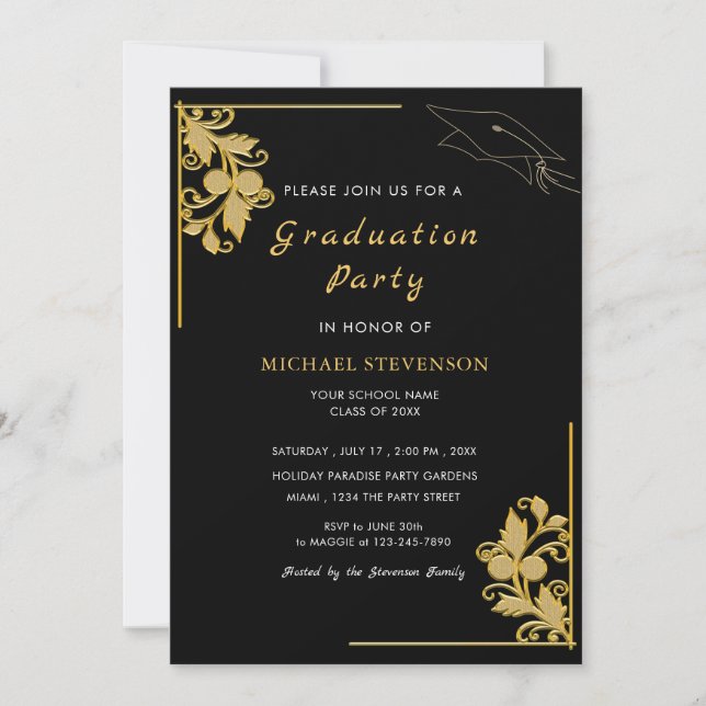 Tarjeta de invitación Gold Black Elegant Grad Part (Anverso)