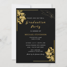 Tarjeta de invitación Gold Black Elegant Grad Part