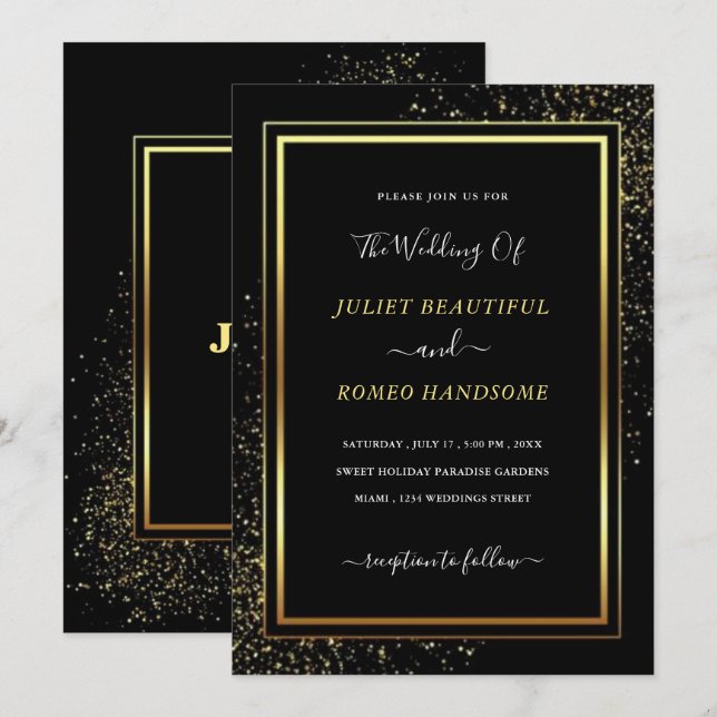 Tarjeta de invitación Gold Black Wedding con marco (Anverso / Reverso)