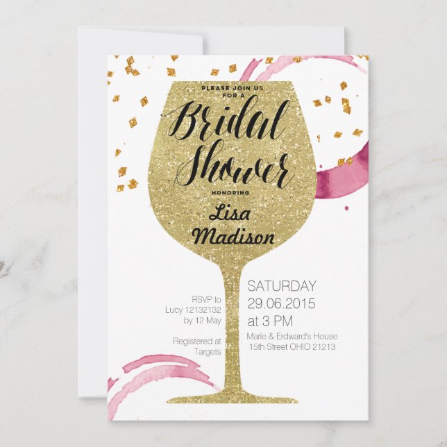Tarjeta de invitación Gold Wine Bridal Shower (Anverso)