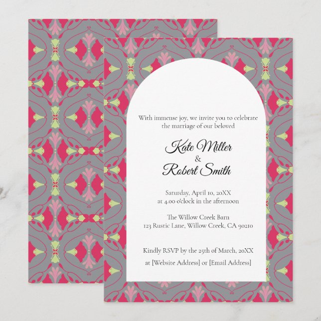 Tarjeta de invitación gris floral Squircle (Anverso / Reverso)