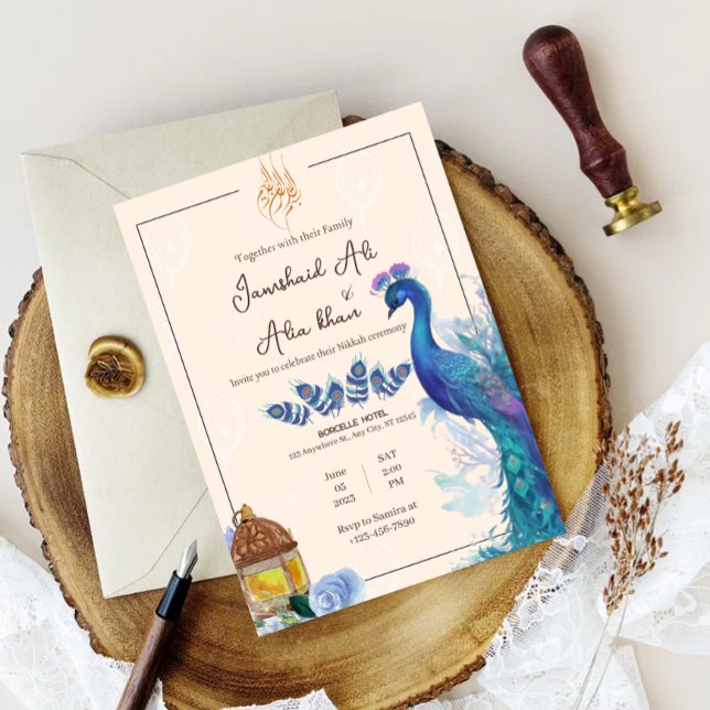 tarjeta de invitación ilustrada de pavo real musul (illustrated peacock nikkah invitation wedding card muslim arabian nikkah nikah)