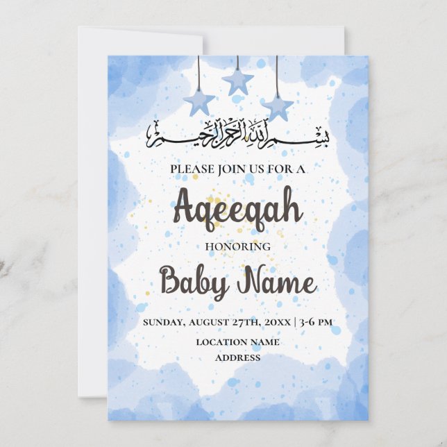 Tarjeta de invitación Instant Blue Aqeeqah Aqiqah (Anverso)