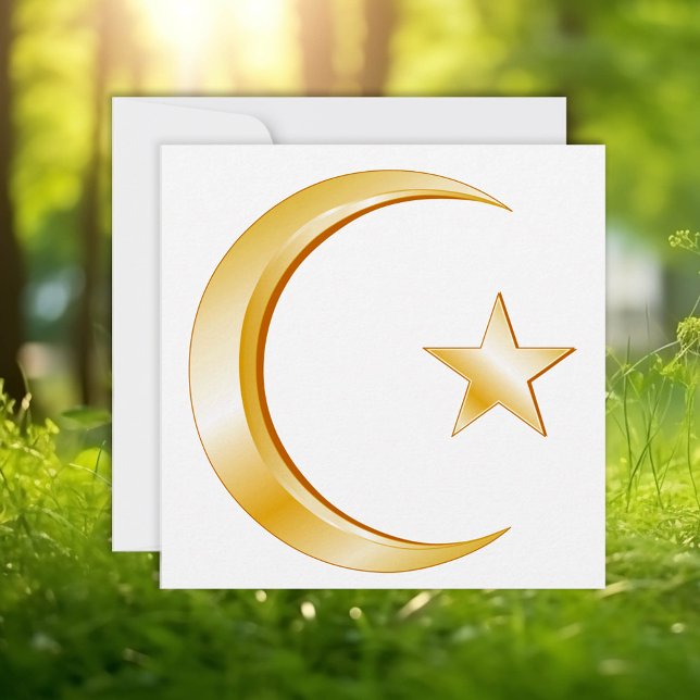 Tarjeta de invitación/Invitación para símbolo del  (Islam Symbol Announcement/Invitation. Gold crescent moon, star. Customize with your text.)