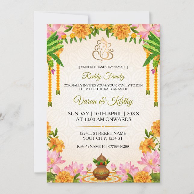 Tarjeta de Invitación Kalyanam de Marigold Tradici (Anverso)