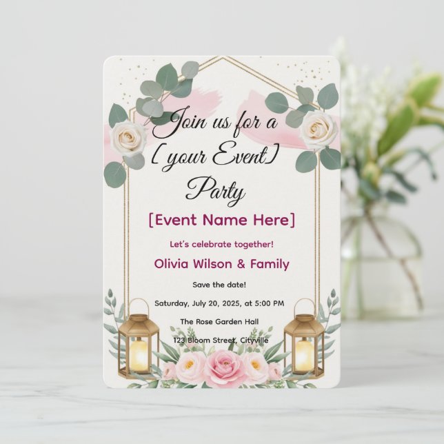 Tarjeta de Invitación Linterna Floral Elegante (Anverso de pie)